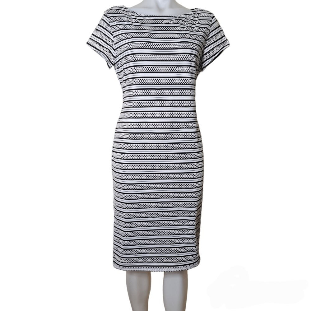 Sharagano Black & White Stripes Women's Pencil Mesh Style Dress 10